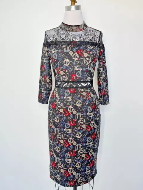 Dolce and Gabbana Black Printed Long Sleeve Lace Dress in Size XS