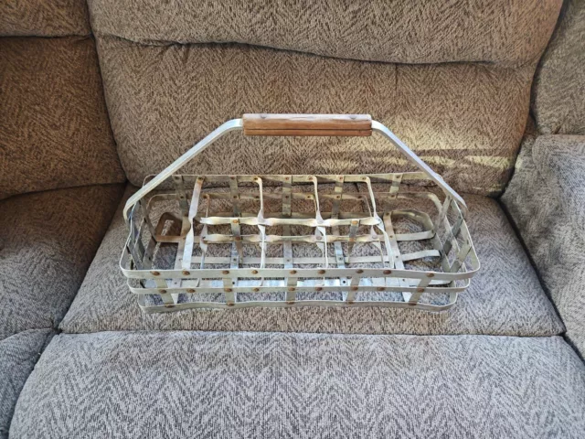 Caja portadora de leche vintage de 8 botellas mango de madera grande de metal aluminio