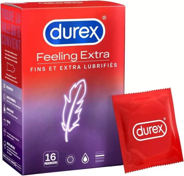 Durex FEELING EXTRA - 16 Préservatifs Homme Fins et Extra Lubrifiés