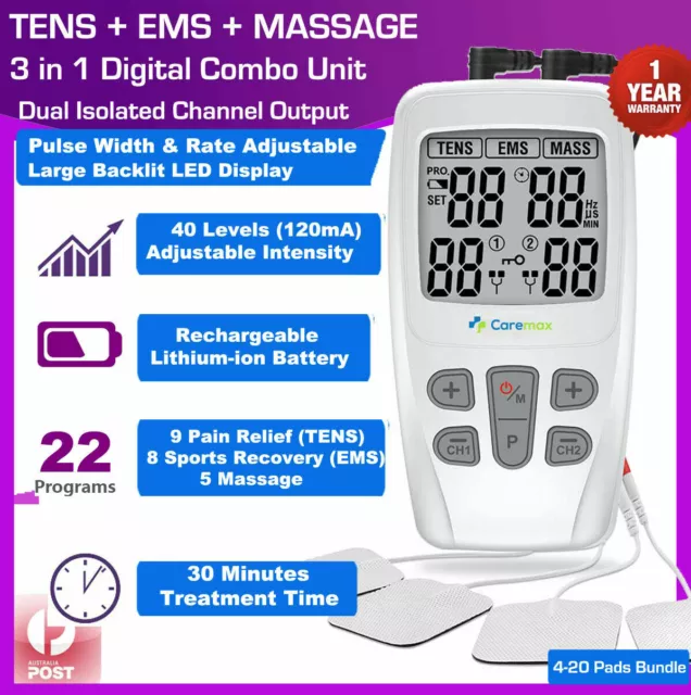 Dual Ch TENS Machine EMS Unit 3 en 1 Combo Soulagement de la douleur avec...