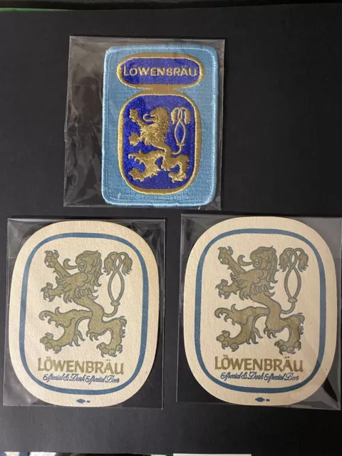 Lowenbrau Munich Lion Brewing VTG Beer Coasters & Distributor Blue Cloth Patch