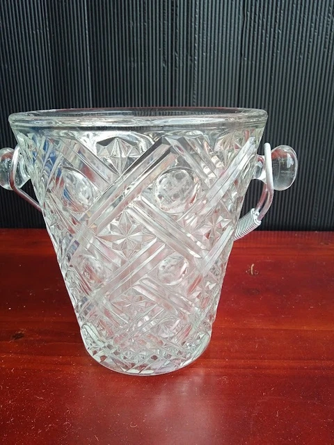 Seau à Glace Vintage BVB France En Verre Transparent - Poignée Métal Doré - Hauteur 13cm