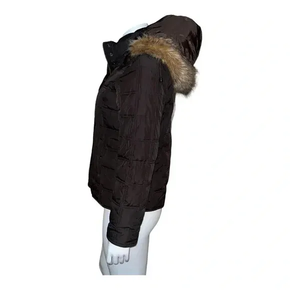 GAP WOMEN'S BROWN Hooded Puffer Jacket Coat Faux Fur Trim Small EUC $49 ...