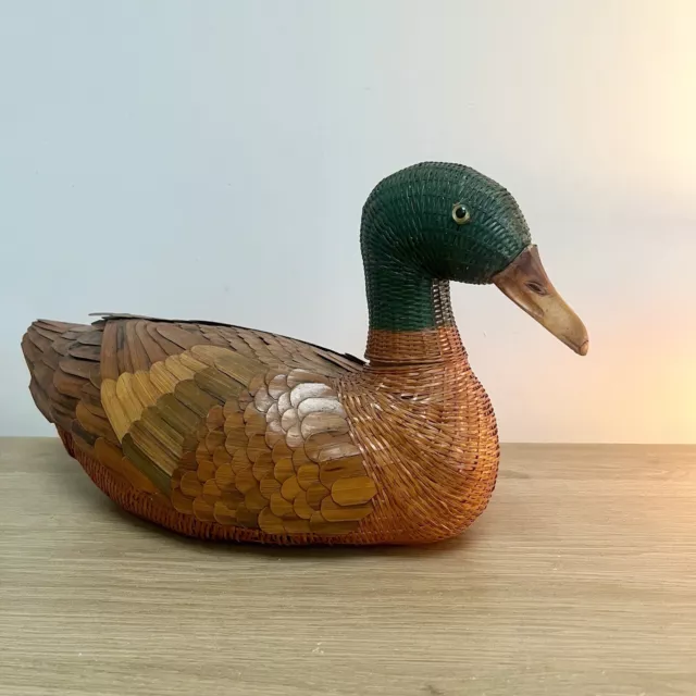 shanghai Handicrafts Vintage Chinese Duck Wicker Rattan Lidded Basket Sculpture