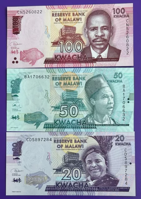 Malawi. SET 20, 50, 100 Kwacha 2016-2020  Pick 63, 64, 65 UNC