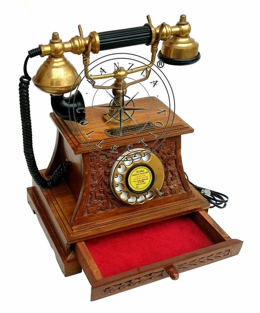 Antique Brass Victorian Rotary Dial Telephone Maharaja Wooden Phone Home Decor