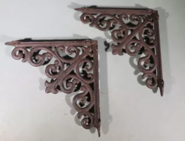 Vintage Pair (2)  8" x 8" Ornate Cast Iron Shelf Brackets