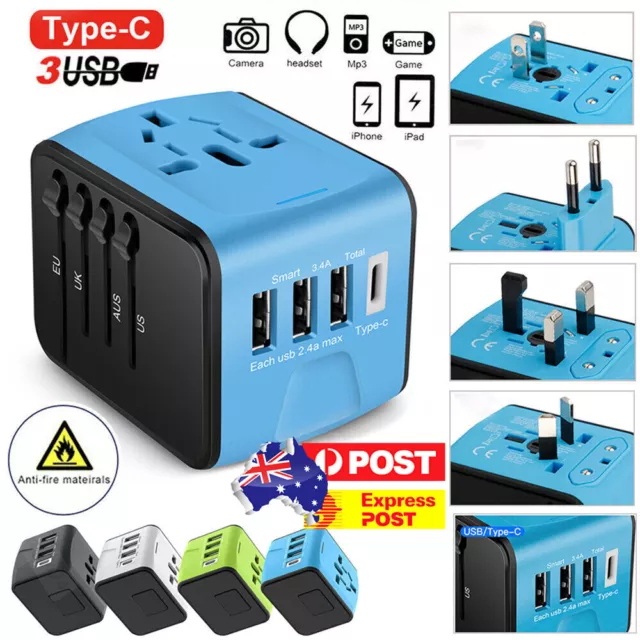 Universal World Travel Adapter 3 USB & Type-C Charger US/UK/EU/AU Plug Converter