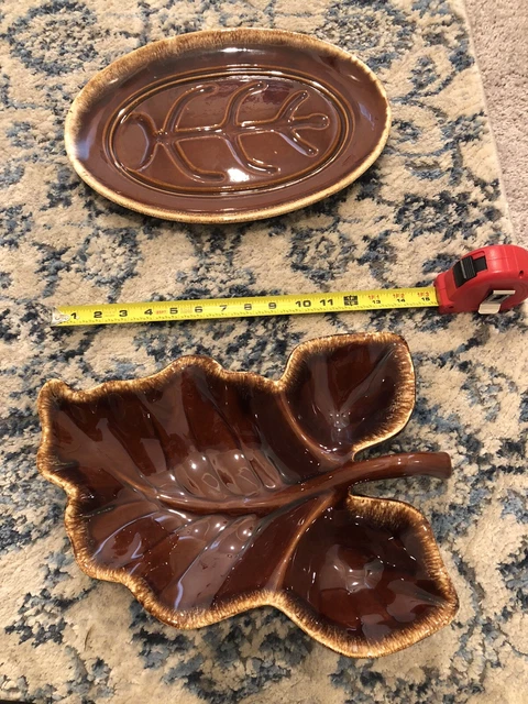 Vintage Hull Pottery Brown Drip Glaze Leaf Divided Serving Dish Oven Proof USA