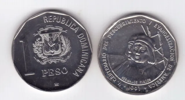 Dominican Republic 1 Peso Unc Coin 1991 Year Km#81 Pinzon Brothers On Ship