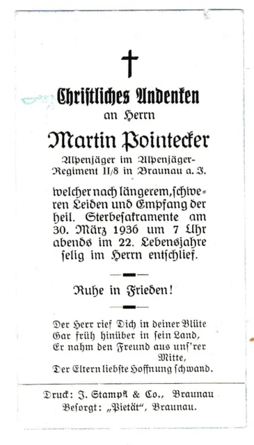Sterbebild - Alpenjäger Alpenjäger Regt. II/8 Braunau - gest. 30. März 1936