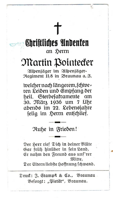 Sterbebild - Alpenjäger Alpenjäger Regt. II/8 Braunau - gest. 30. März 1936