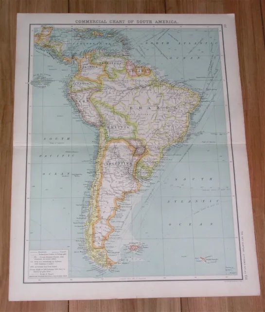 1903 Antique Map Of South America Brazil Argentina Chile Peru Colombia Ecuador