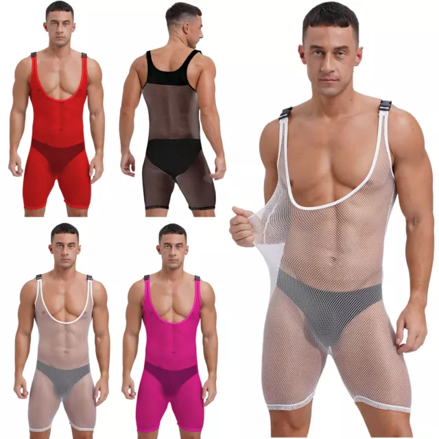 Mens Bodysuit Sheer Jumpsuit Fishnet Hooded Sexy Leotard Party Shorts Low Mesh