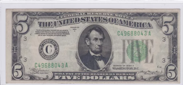 $5 1934-A Federal Reserve Note Philadelphia (3-C) Green Seal C49688043A