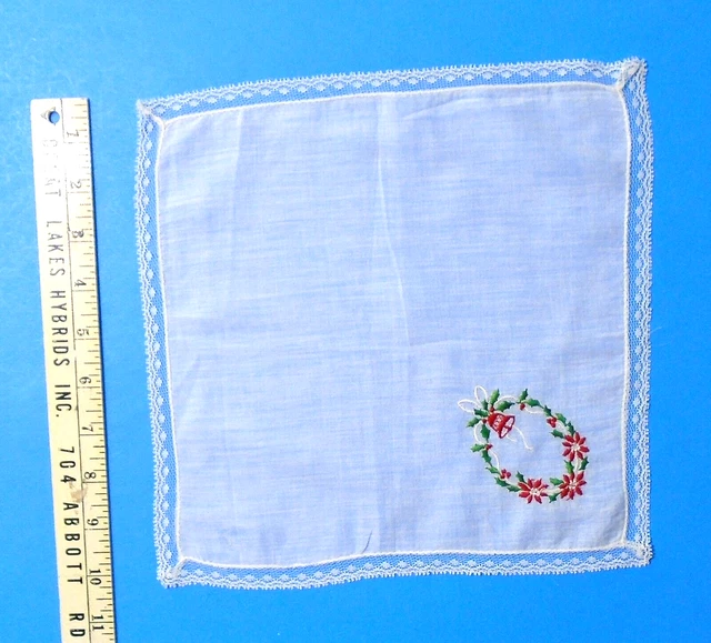 Vintage Ladies Handkerchief/Hanky #321- White w/Lace Edge & Christmas Embroidery