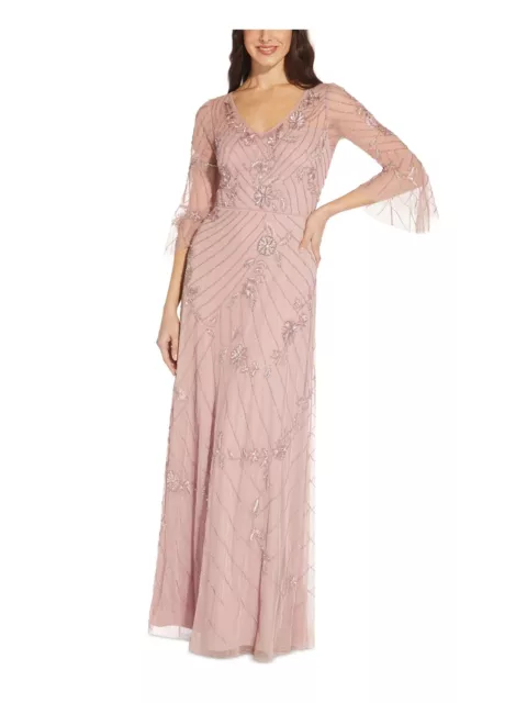 ADRIANNA PAPELL Womens Pink Bell Sleeve V Neck Full-Length Evening Gown Dress 4
