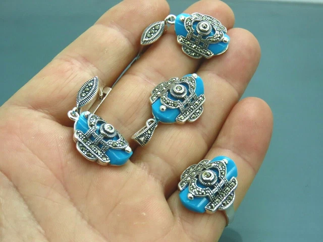 Turkish Handmade Jewelry 925 Sterling Silver Turquoise Stone Women Earring Set
