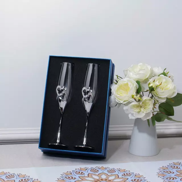 Matrimonio Brindando Bicchieri Champagne Flutes Cristallo Diamante Cuori Argento 3