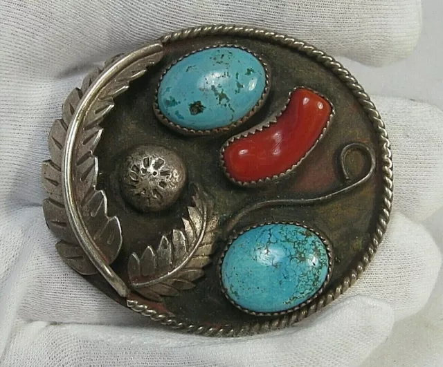 Vintage Old Pawn Argento Sterling Turchese E Corallo Ciondolo. 67x52mm. 43.8g