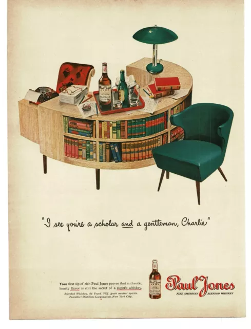 1945 Paul Jones Whiskey MCM Danish Furniture Semi Circle Bookcase Print Ad