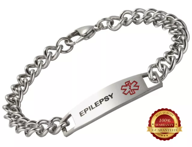 Epilepsy Stainless Steel Health Bracelet Médical Alert ID Engraved Chaîne Silver