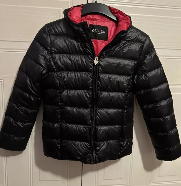 Girls Guess Los Angeles Black Down Puffer Jacket With Hood Aged 10-12 Years Vgc