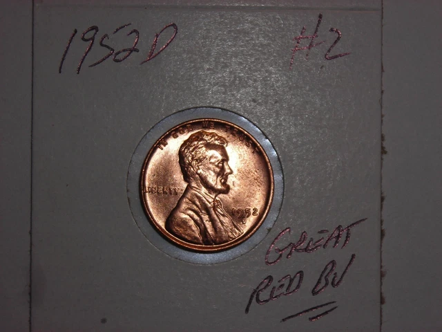 wheat penny 1952D SHARP RED BU 1952-D LOT #2 LINCOLN CENT UNC RED LUSTER