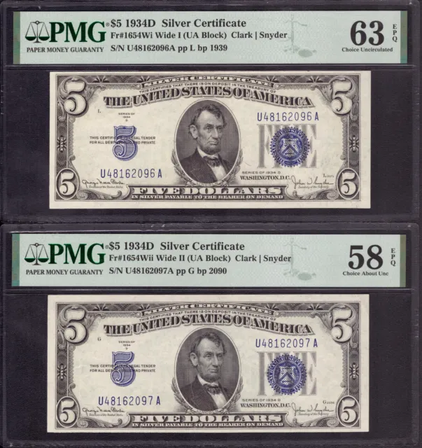 1934 D $5 Silver Certificate Fr.1654W/54Wii Changeover Note Pair Pmg 63/58 Epq