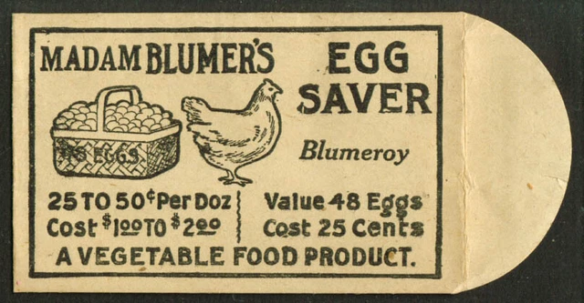 Madam Blumer's Blumeroy Egg Saver envelope 1910s