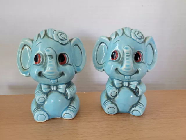 Vintage MCM Anthropomorphic Blue Elephant Ceramic Salt & Pepper Shakers