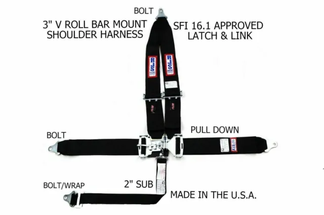 Racing Harness 5 Point Belt Sfi 16.1 Latch & Link V Roll Bar Mount Black 3" Rjs