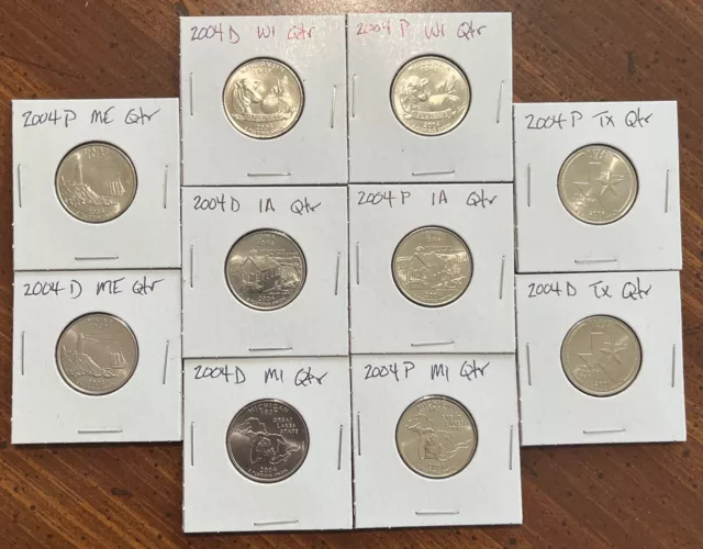 2004 P D State Quarters set (ME, MI, WI, IA, TX)