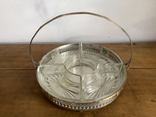 Plateau Art Déco Bois Et Métal 5 Compartiments Verre – 39x26 Cm – Vintage