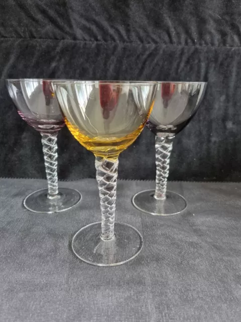 Three Retro Harlequin Small Wine or Sherry Glasses with Barley Corn Stems