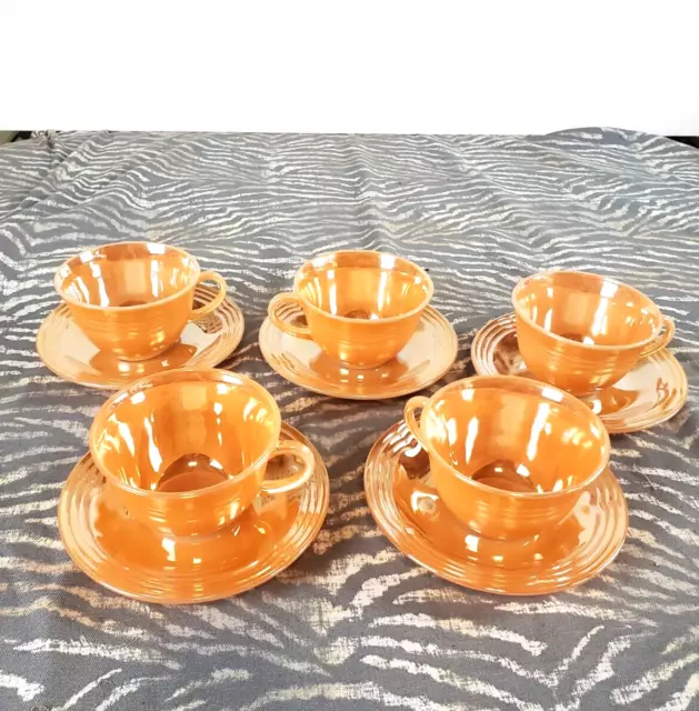 Vintage 5 Sets Of Peach Luster Oven Fire King Ware Cups And Saucers - 3-Band