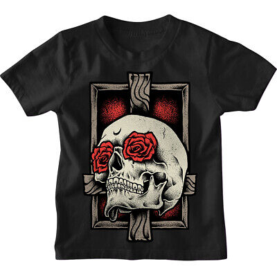 Skull Cross Rose Kids Boys Girls T-Shirt | DTG Printed - Gothic