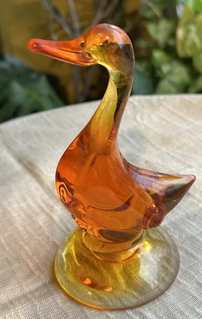 Vintage Viking Art Glass Amber Bird Goose Duck Figurine 5" Mid Century Modern