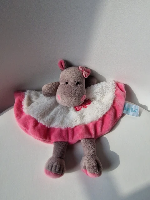 Peluche doudou hippopotame Zoé plat BABY NAT' rose blanc trèfle NEUF