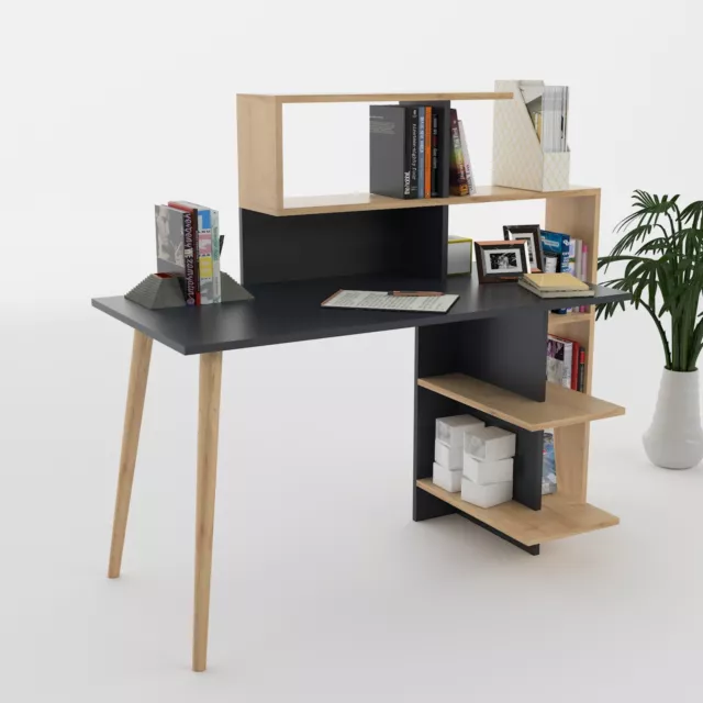 KayRana Space Oak colour and Anthracite Grey Desk with Storage and Shelves Unit