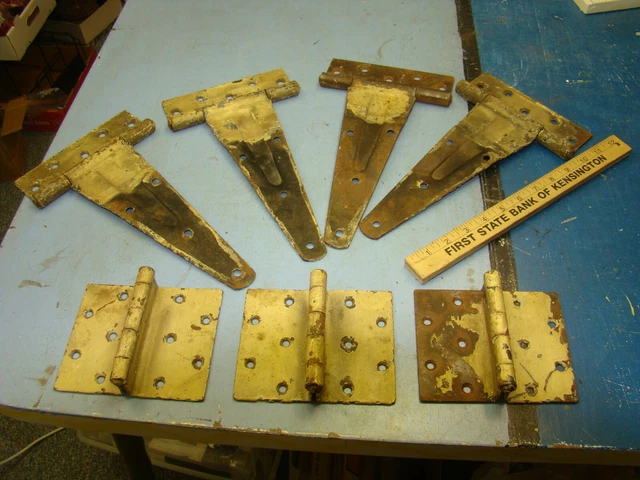 Antique HUGE Barn Iron Door T Strap Hinges 12" long, Cowboy Gates, Old & Painted