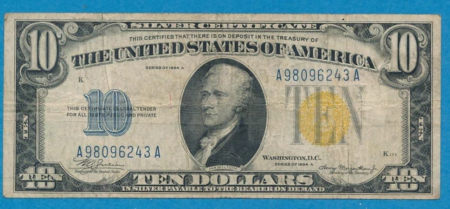 $10. 1934-A North Africa  Wwii  Yellow Seal Silver Certificate  Free Ship