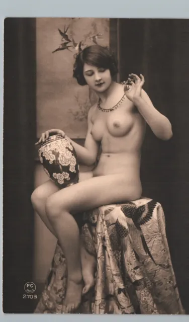 NUDE WOMAN HOLDING VASE 1910s paris france real photo postcard rppc p.c. risque