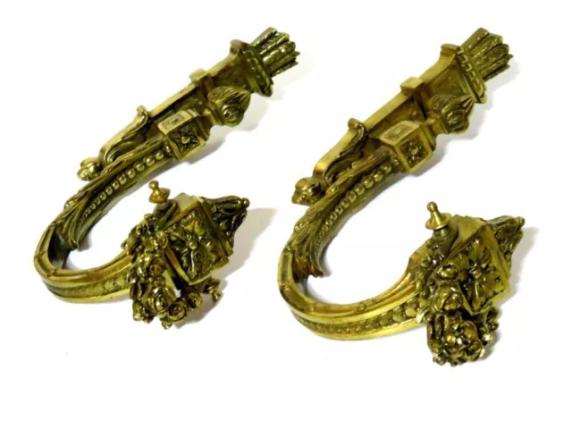 Antique Pair French Victorian Style Ornate Brass Curtain Tie Backs Roses