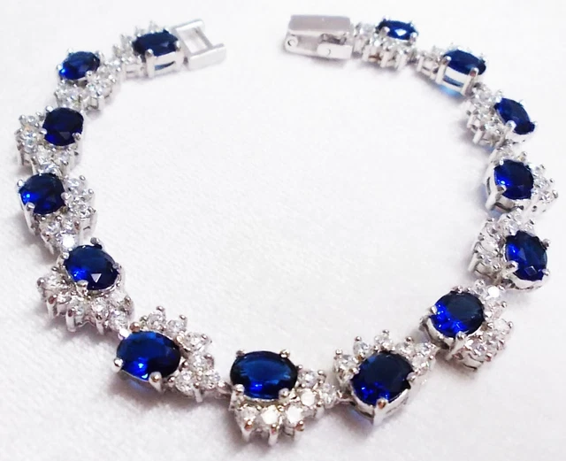 Bracelet BLUE SAPPHIRE SYN SILVER 18K WHITE GOLD FILLED GP Tennis Wedding 7.5"