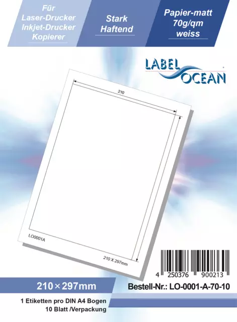 Klebeetiketten DIN A4 weiß 210x297mm (Laser Inkjet Kopierer) 10 Blatt