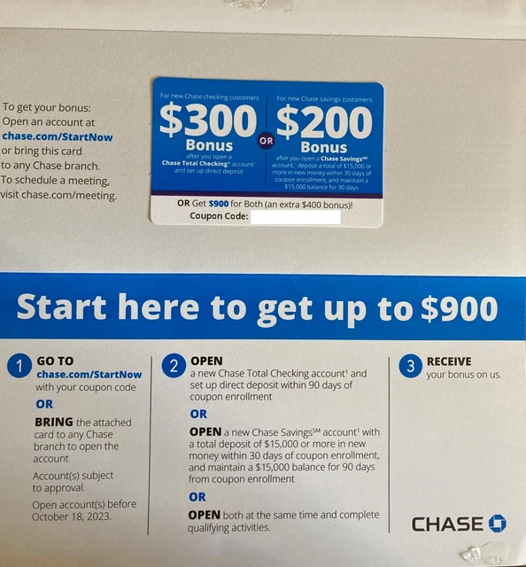 Chase New Checking Customers $900 Bonus Offer Exp 10/18/2023