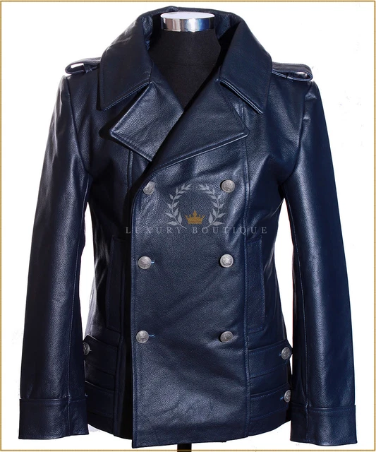Veste Homme En Cuir De Vachette Peacoat - Noir Marine - Double Boutonnage
