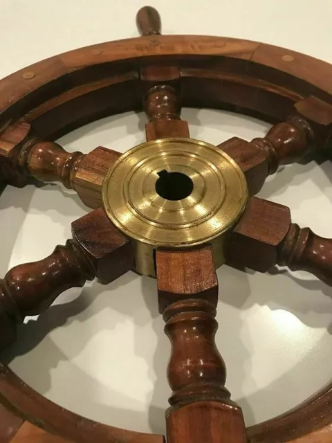 Brass Collectible 12 Inches Boat Ship Wheel Wooden Steering Home Decor 3