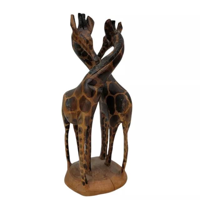 Carved Wooden 2 Giraffes Pair Entwined Twin Couple Giraffe Safari Statue Figures 3